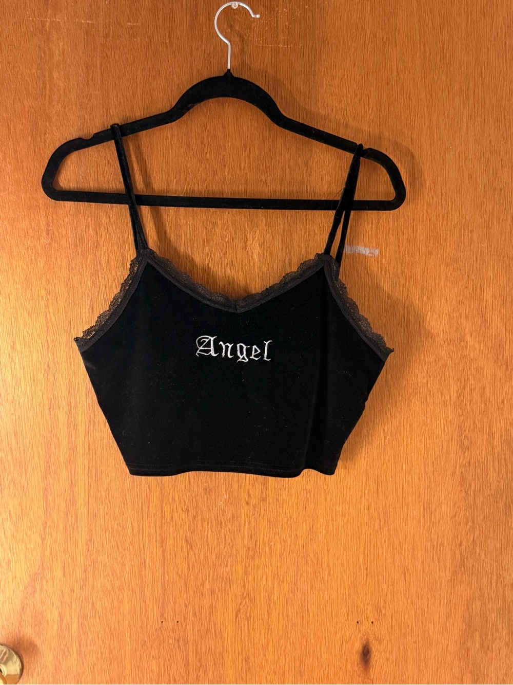 Velvet Lace-Trim Cropped Cami with 'Angel' Embroidery - Black